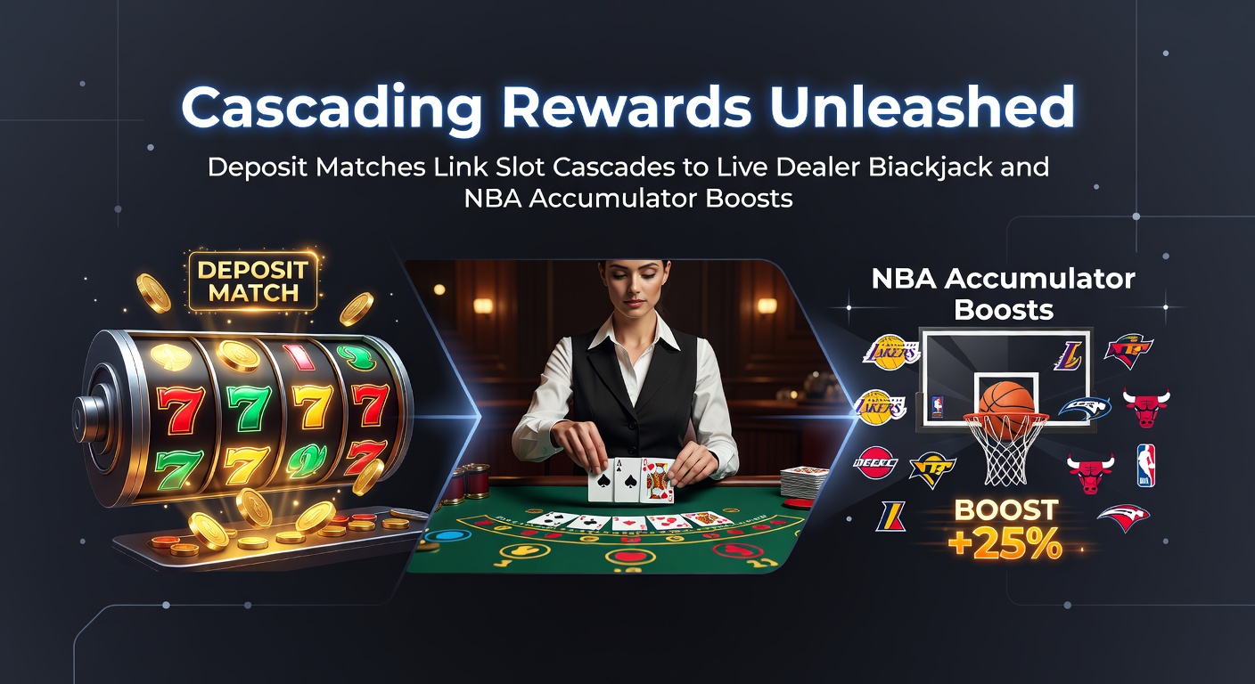 Spannende cascading wins in een slotspel met vallende symbolen, gekoppeld aan blackjacktafels en NBA-weddenschappen
