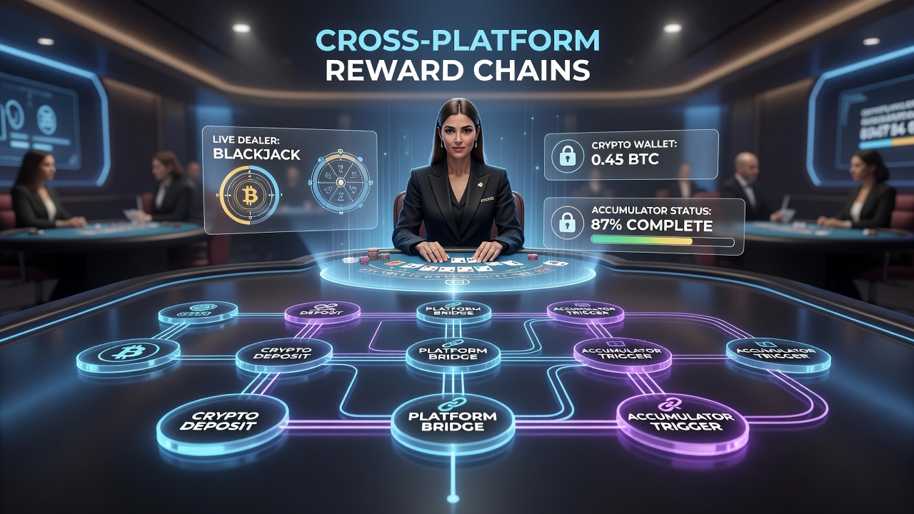 Diagram van accumulator triggers die live dealer blackjack koppelen aan mobiele jackpot pools via crypto ketens