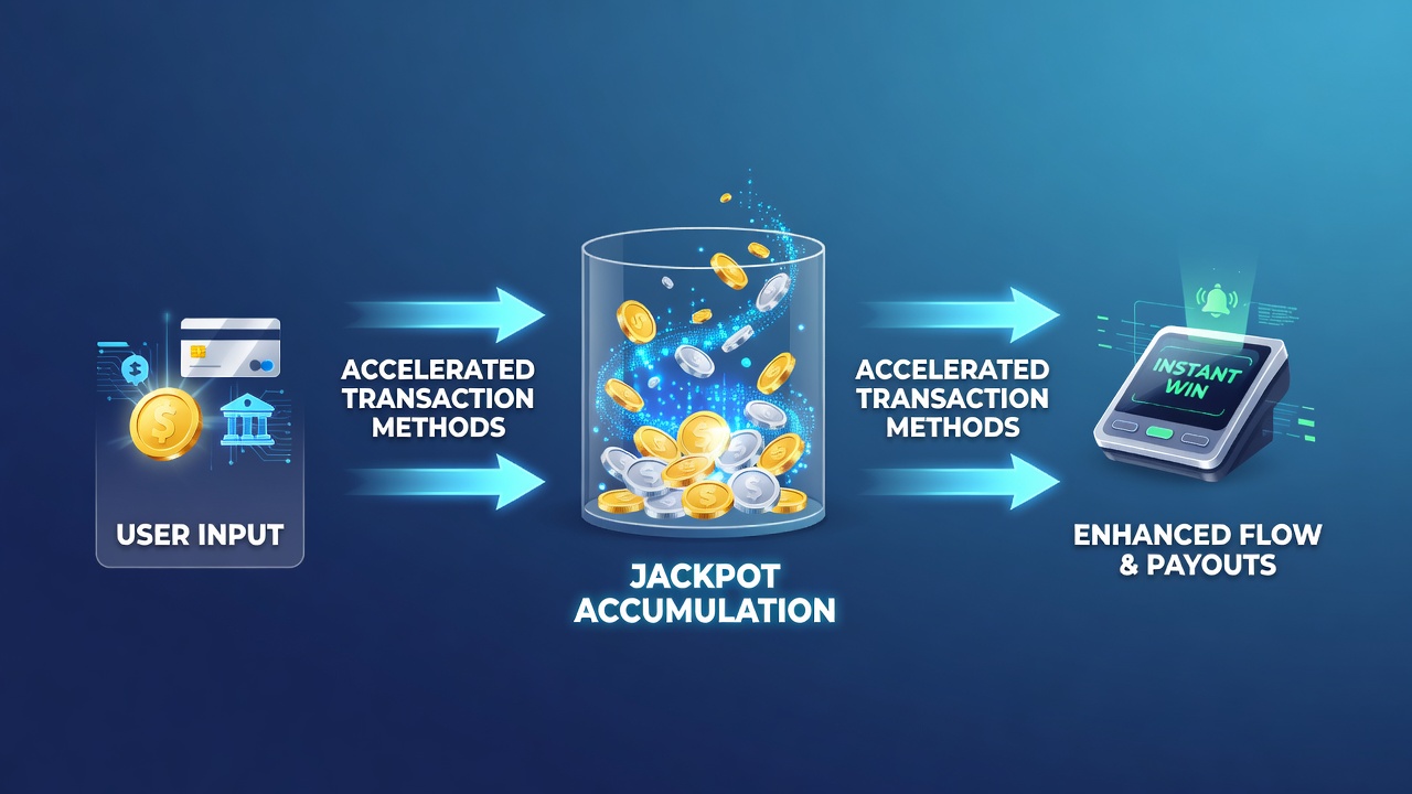 Diagram van betalingsflow van storting naar jackpotaccumulatie in diverse speltypes