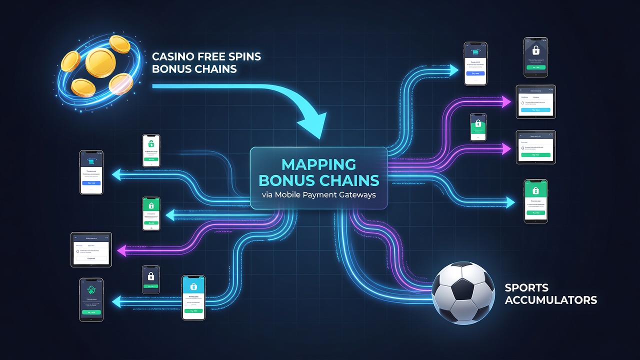 Diagram dat de stroom van free spins via mobiele betalingen naar sportaccumulators weergeeft