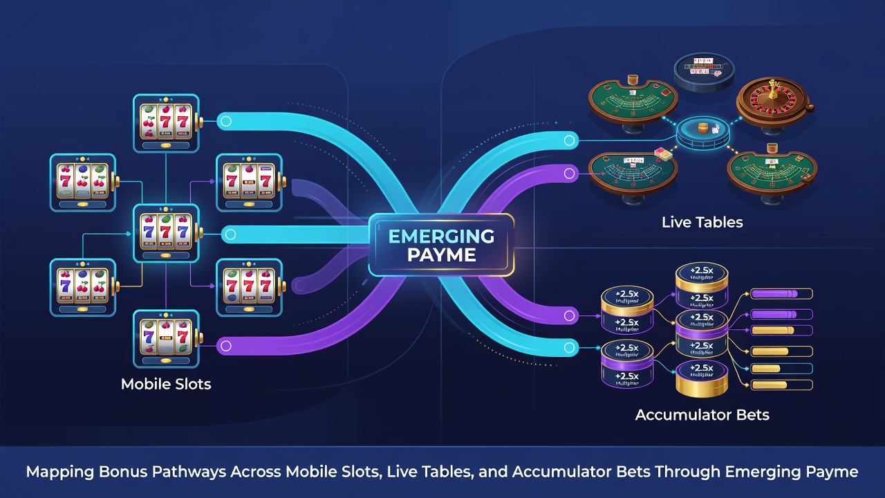 Illustratie van realtime bonus tracking tussen slots, live tafels en sport accumulators via moderne betaalmethoden