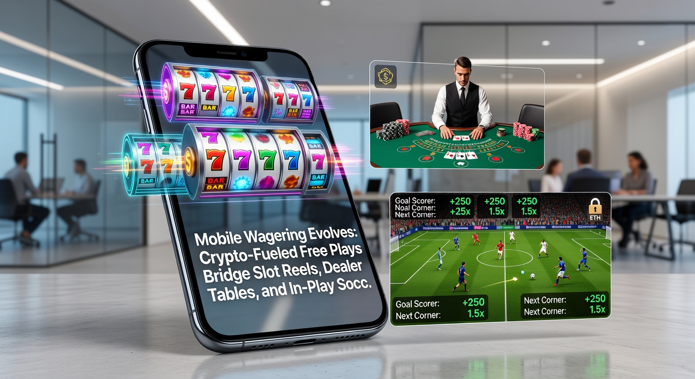Crypto-wallet interfaced met live dealer tafel en in-play voetbal accumulator op mobiel scherm