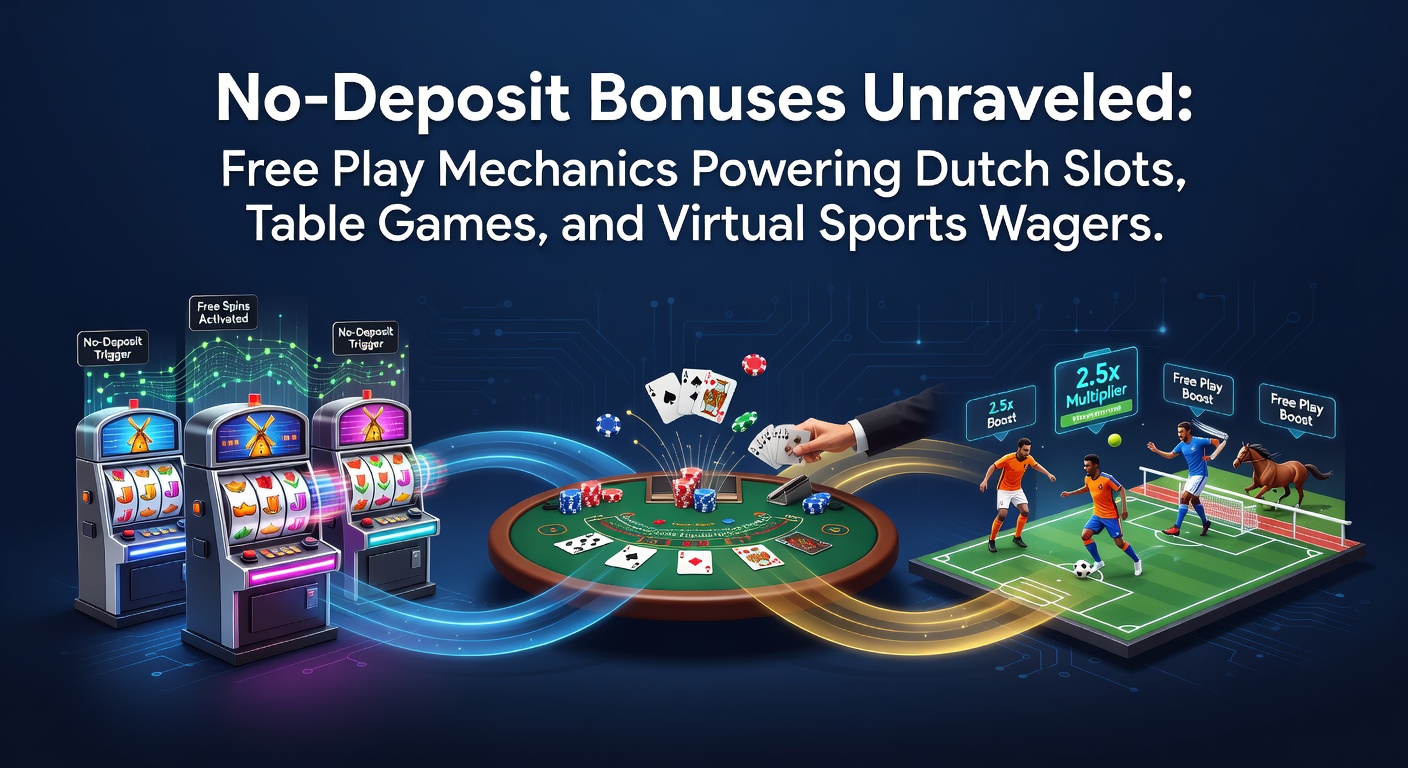 Schermafbeelding van een no-deposit bonusaanbod op een Nederlands online casino platform met slots en virtuele sporten in de achtergrond