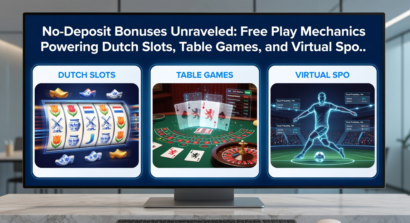 Grafiek met voorbeelden van no-deposit bonusstructuren voor slots, tafelspellen en virtuele sportweddenschappen op Nederlandse platforms
