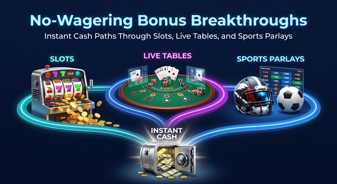 Grafische weergave van een no-wagering bonus die direct cash uitbetaalt op een slotmachine, live roulette tafel en een sportparlay weddenschap