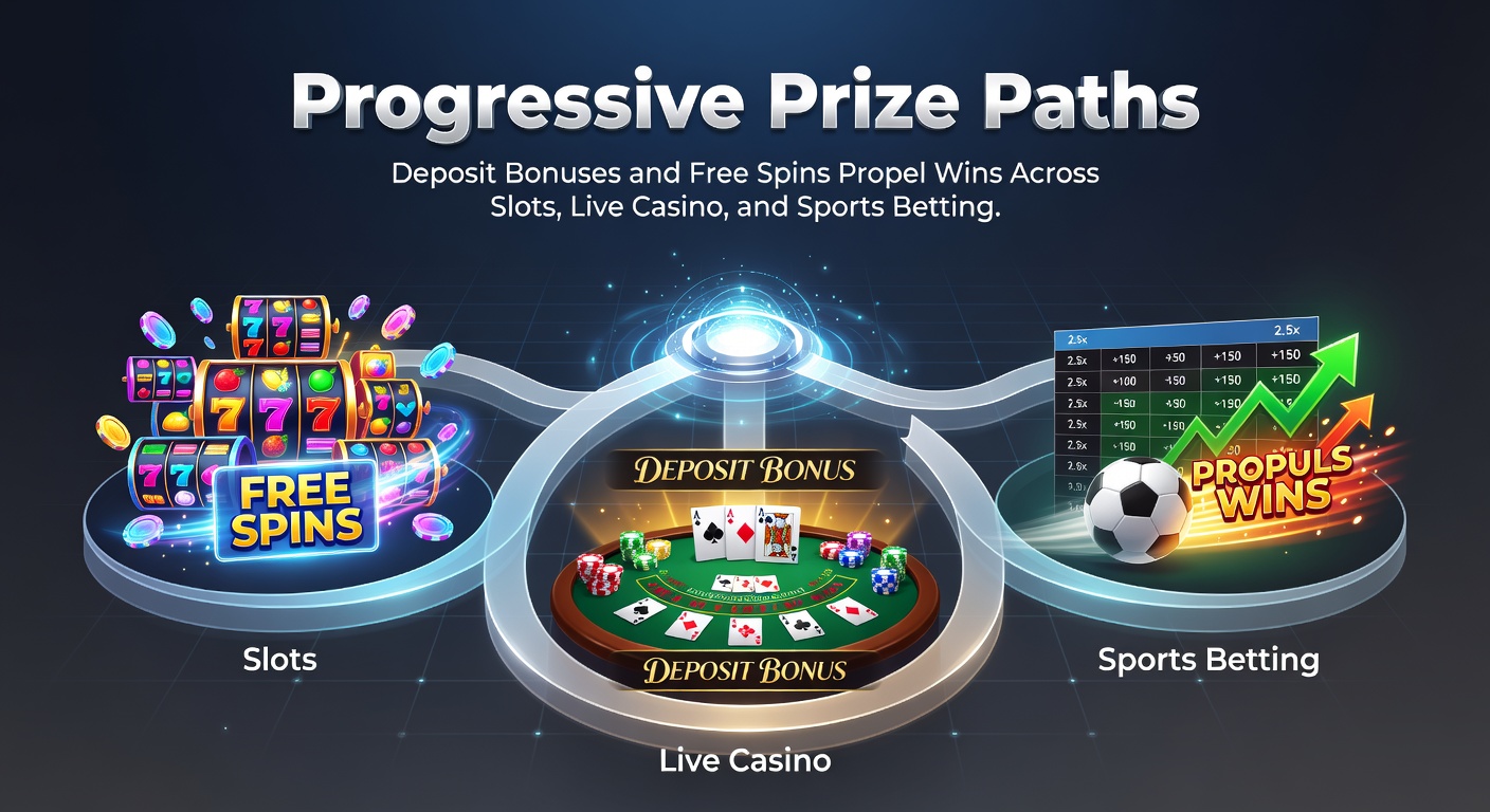Grafische weergave van een progressieve prijsroute met stortingsbonussen die leiden naar jackpots in slots en sportweddenschappen