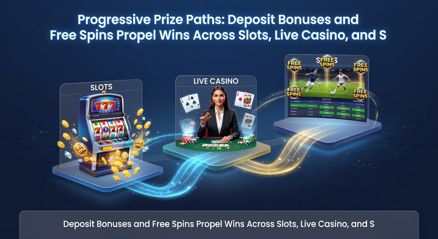 Dynamische illustratie van free spins die overlopen van slots naar live dealer tafels en sport accumulatoren in een progressieve bonusketen
