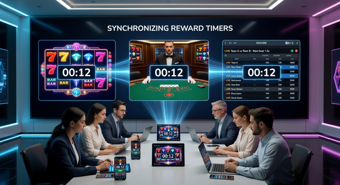 Technische weergave van gesynchroniseerde beloningstimers in mobiele casino apps met slot reels, live tafels en sportmarkten