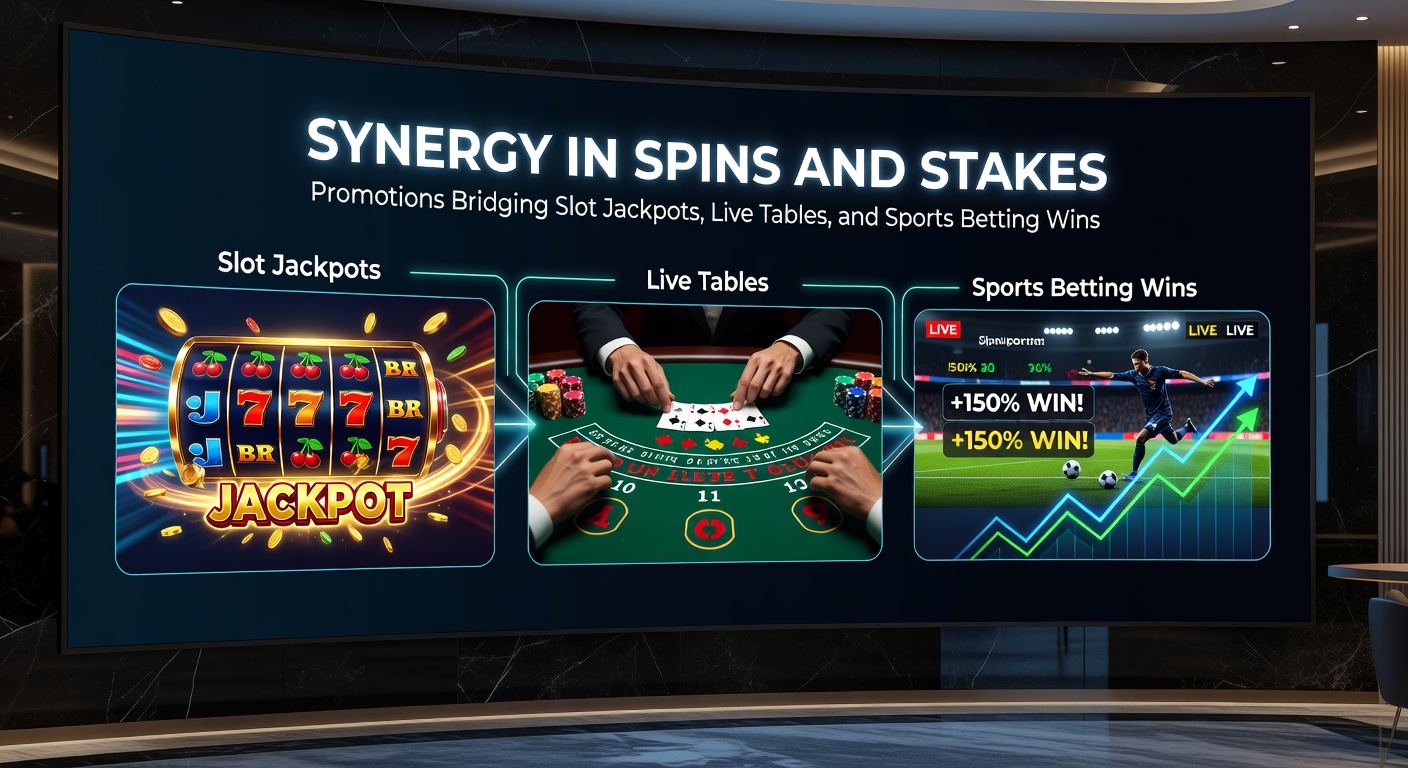 Grafische weergave van verbonden casino-elementen: slots, live tafels en sportweddenschappen met overlappende promotie-icoontjes