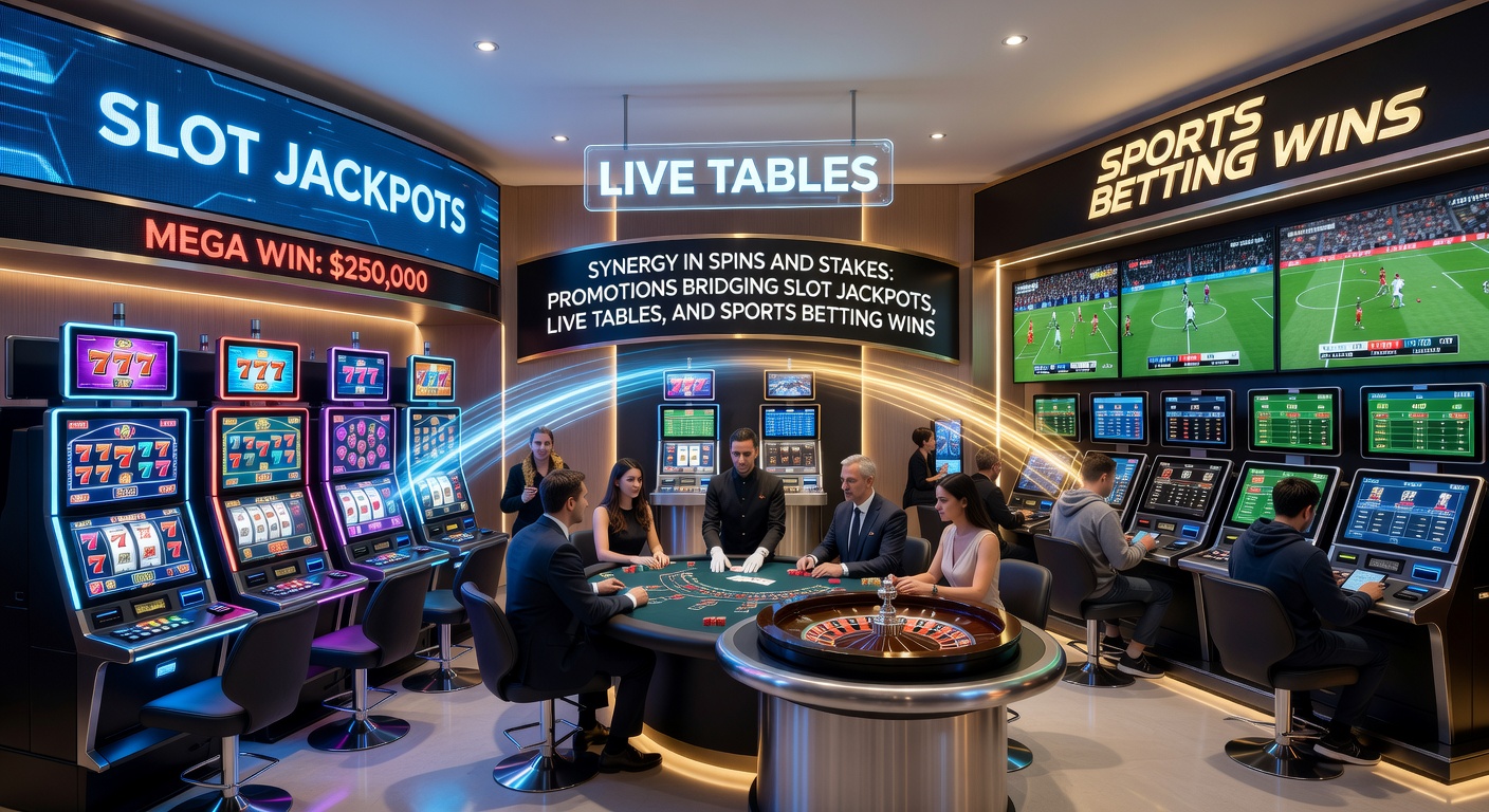 Dynamische infographic van promotie-ketens: pijlen verbinden slots, live casino en sportsbook met groeiende jackpot-symbolen
