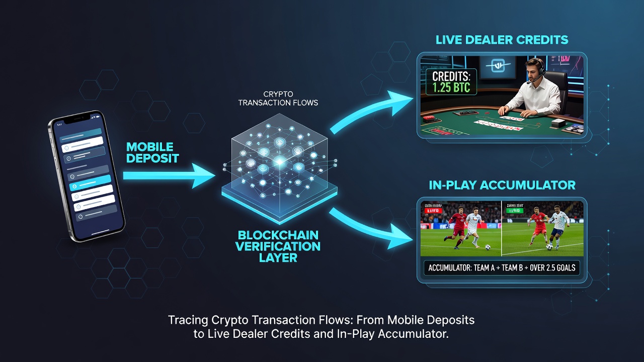 Diagram van blockchain tracing tussen mobiele storting, live dealer en accumulator payout