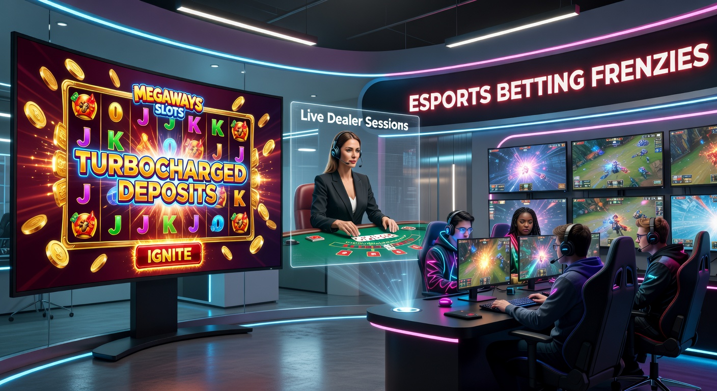 Dynamische weergave van snelle stortingen die Megaways slots, live dealer tafels en esports weddenschappen in een explosieve actie brengen