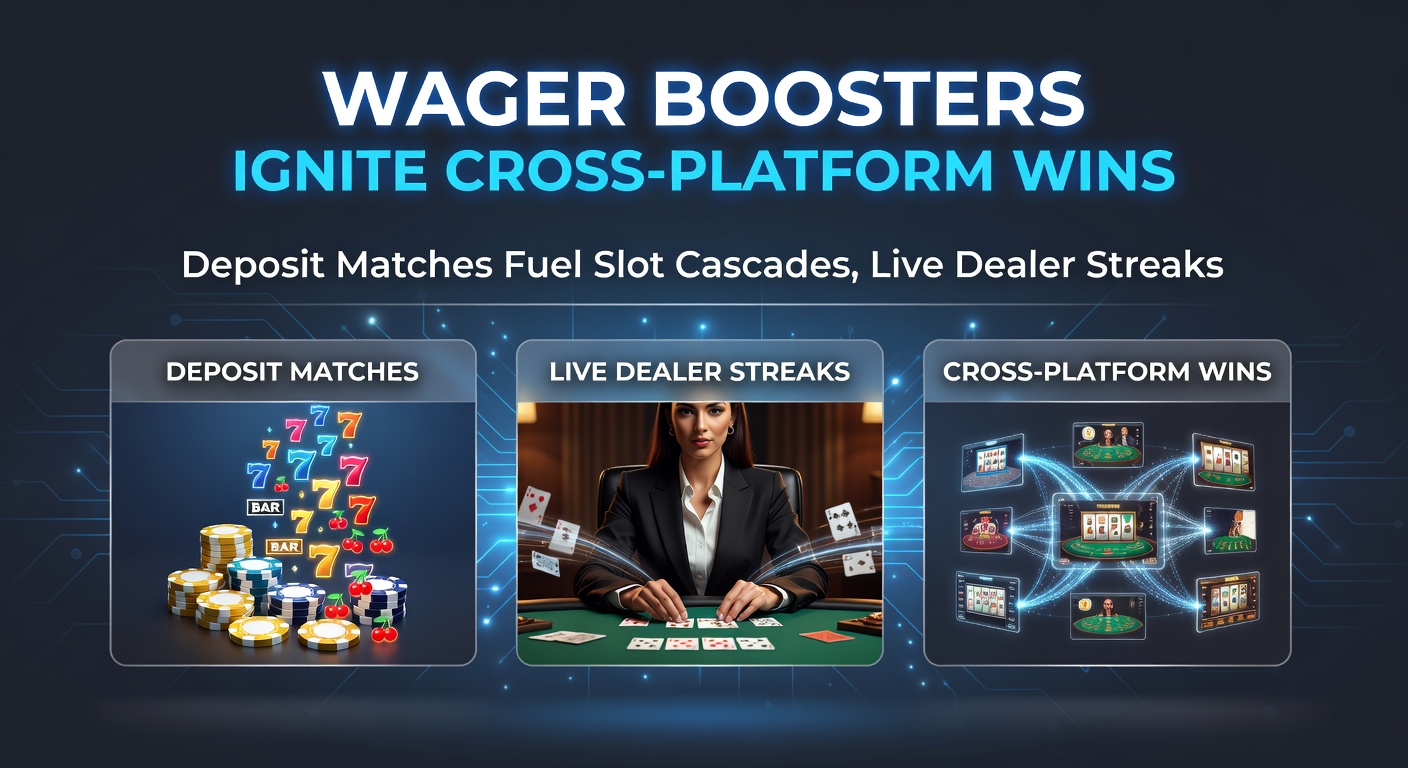 Dynamische illustratie van stortingsmatches die slot-wins, live dealer streaks en sportaccumulators verbinden in een cross-platform jackpot-rit