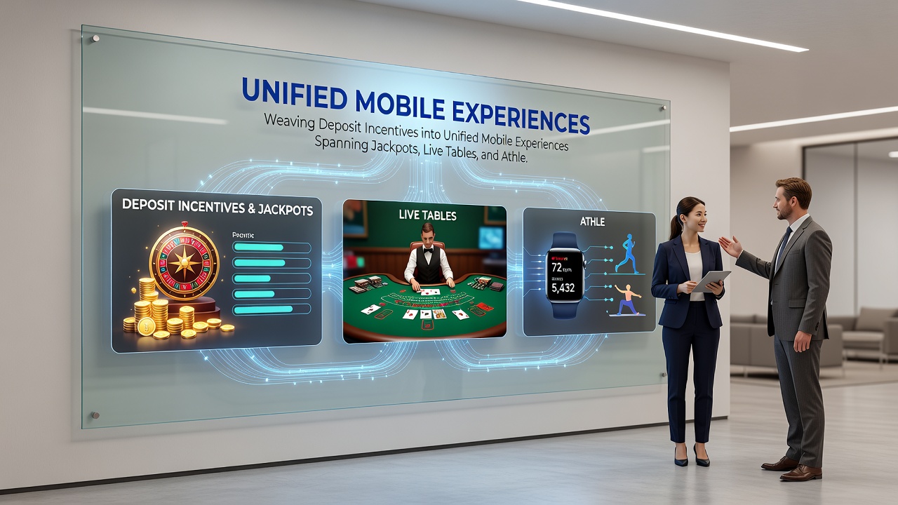 Geïntegreerde mobiele weergave van jackpot spins, live blackjack en sport accumulators met bonus overlays